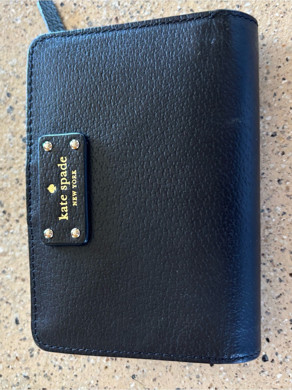 kate spade Black Leather Compact Wallet with Gold Plaque